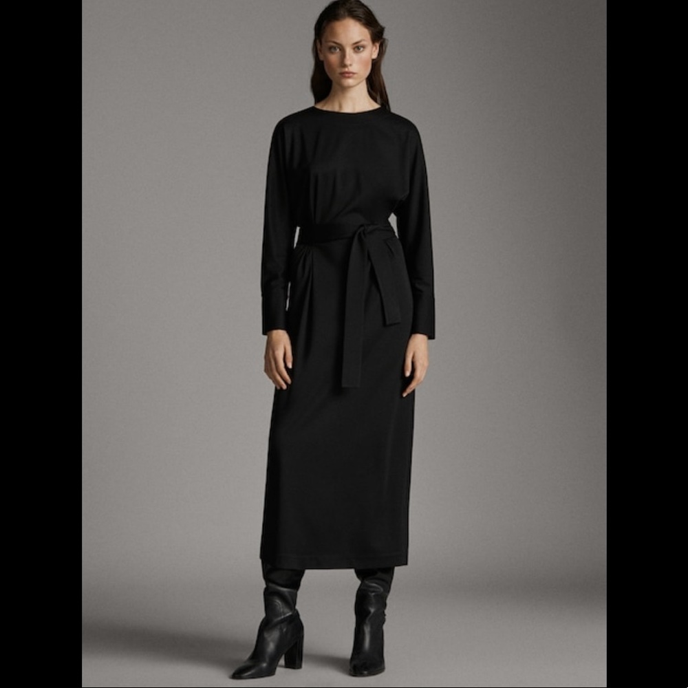 Massimo Dutti Long Black Dolman Sleeve Dress with Waist Ties